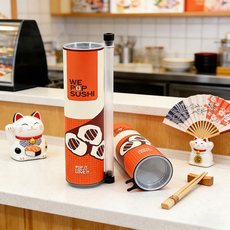 Custom branded sushi push pop tubes in a Japanese restaurant setting