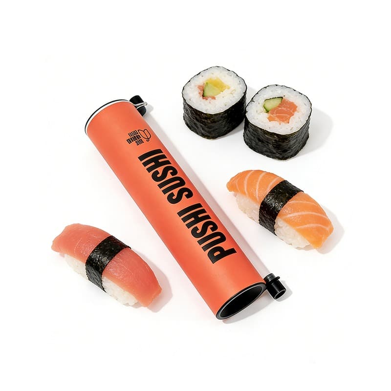 Sushi push pop tube with fresh sushi pieces